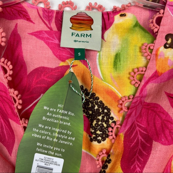 FARM Rio Pink Papaya Salad Linen Printed Puff Sleeve Dress - Size Small - Picture 5 of 9